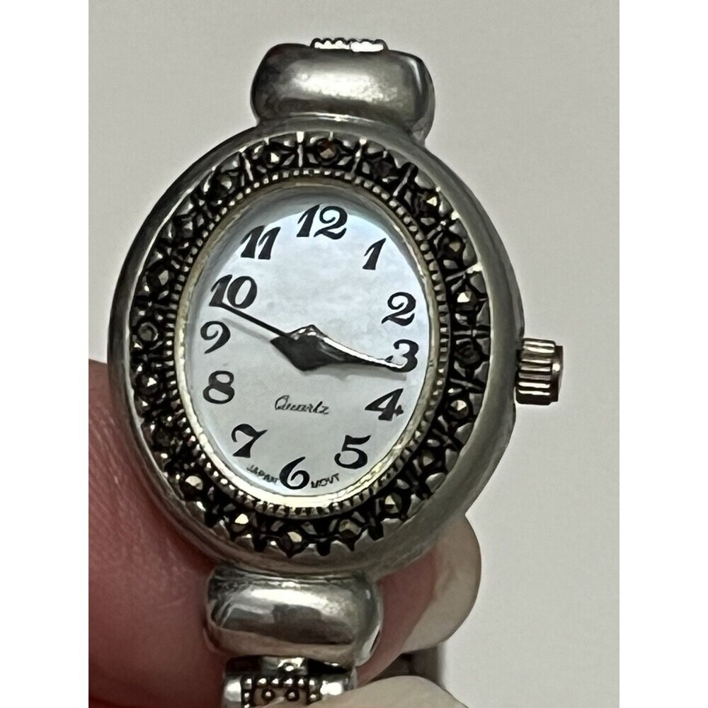 Vintage Stainless Steel Quartz Stud‎ Watch Black Gunmetal mother of Pearl